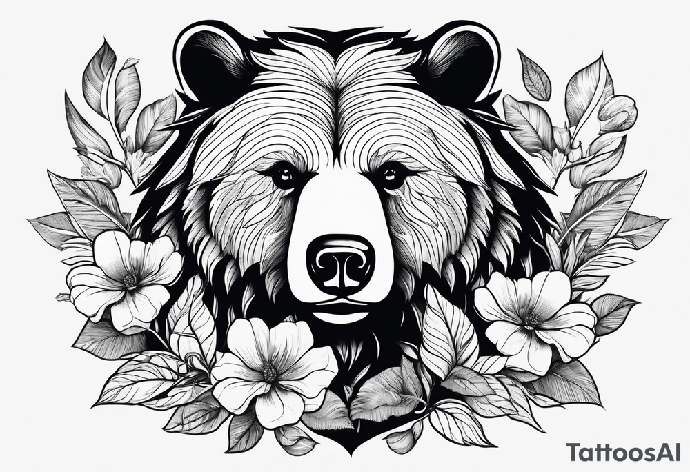Bear surrounded by trees leaves and flowers tattoo idea