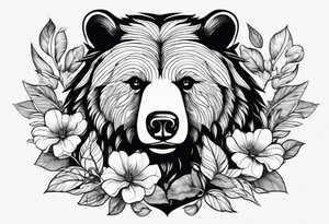 Bear surrounded by trees leaves and flowers tattoo idea