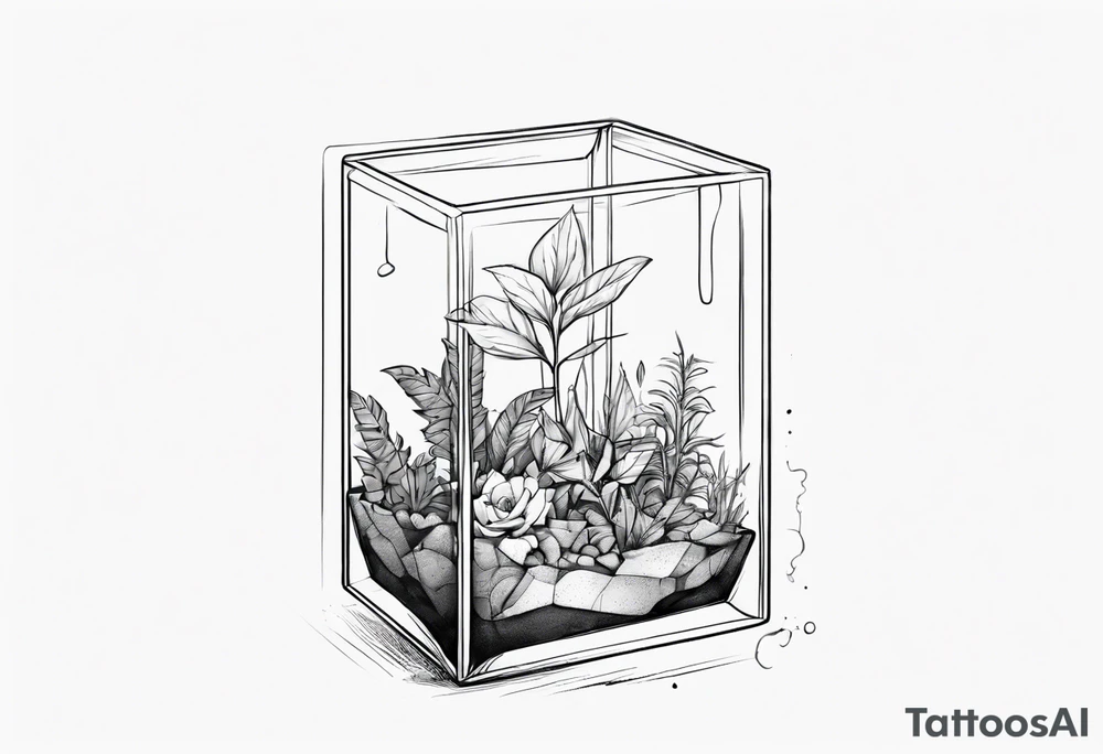 A terrarium in the shape of a cuboid with a single plant inside it. tattoo idea