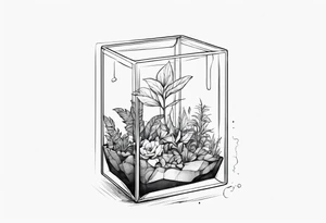 A terrarium in the shape of a cuboid with a single plant inside it. tattoo idea