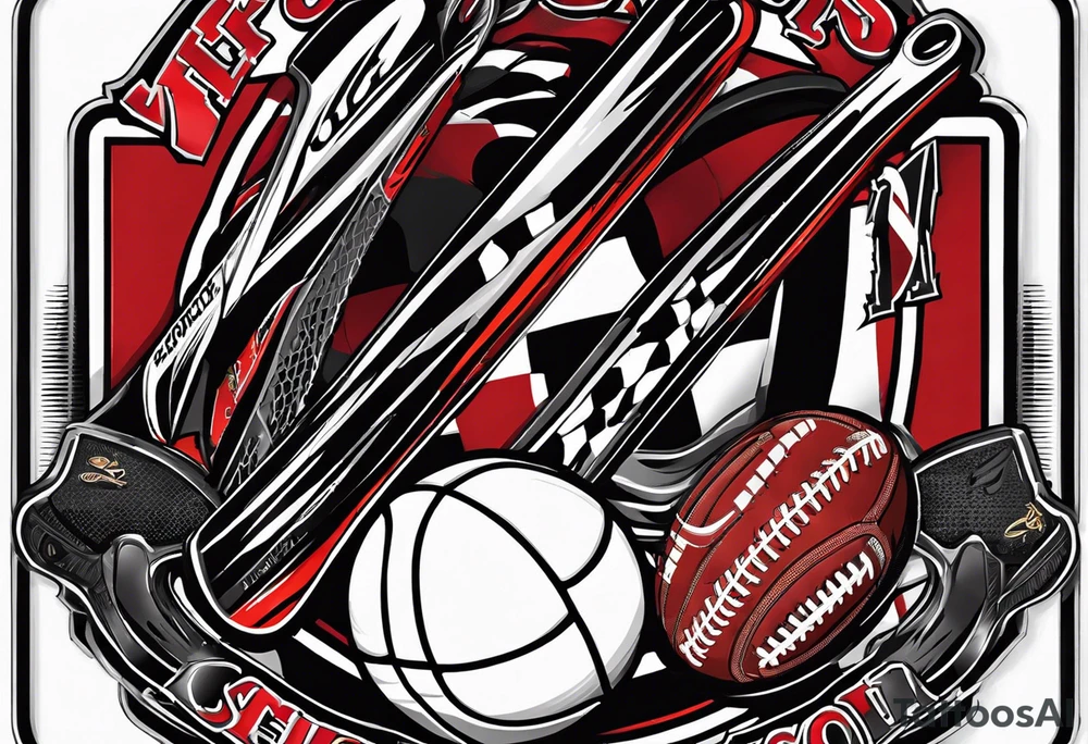 crossed hockey sticks with sports equipment that says "SHOT SPORTS" tattoo idea