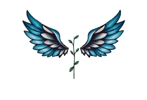 A minimalist wings tattoo that represents a shattered and betrayed gemini woman who fought hard throughout this year. With colors blue and black. Make it unique and rare. Without leaves and stem. tattoo idea