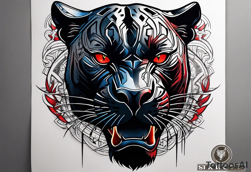 unique black panther tattoo, portrayed in a dynamic pose, showcasing its strength and grace, striking red eyes, intense and captivating elements, artistic flair, blending realism with abstract elements tattoo idea