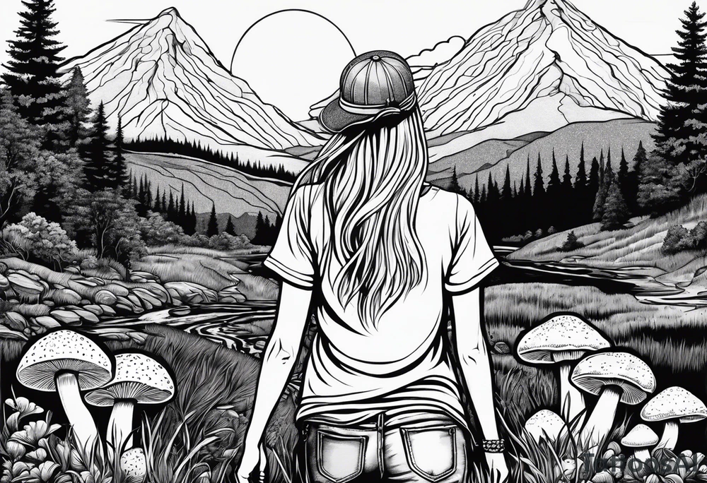 Straight long blonde hair hippie girl in distance holding mushrooms in hand facing away toward mountains and creek surrounded by mushrooms tee shirt hiking pants

Circular picture tattoo idea