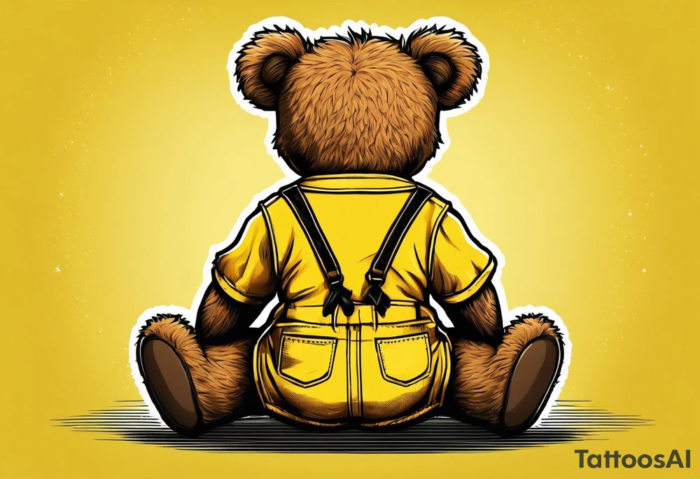 image of the back of a light brown teddy bear standing in yellow overalls, striped tank top and wearing boots and holding the hand of a little girl tattoo idea