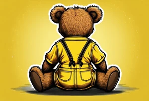 image of the back of a light brown teddy bear standing in yellow overalls, striped tank top and wearing boots and holding the hand of a little girl tattoo idea