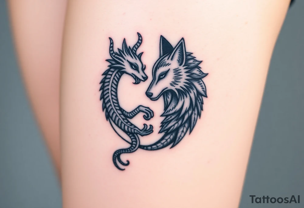 Ying yang symbol with one side a dragon and one side a wolf tattoo idea