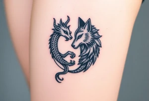 Ying yang symbol with one side a dragon and one side a wolf tattoo idea