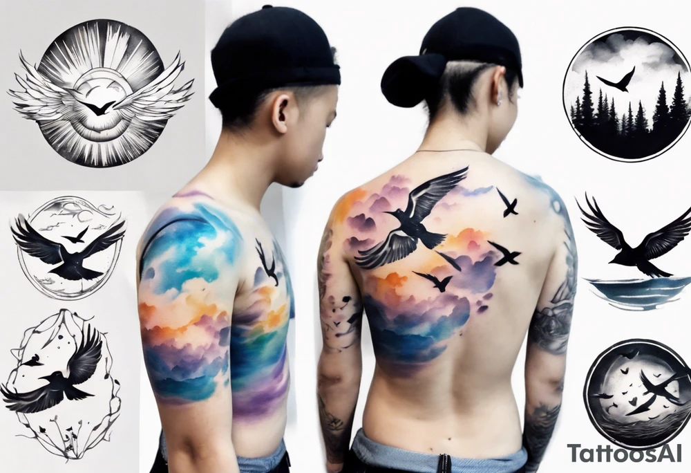 a shoulder round shape tattoo with lots of rays of light in gradient starting from the middle
, clouds and birds flying free tattoo idea