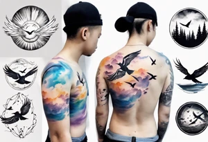 a shoulder round shape tattoo with lots of rays of light in gradient starting from the middle
, clouds and birds flying free tattoo idea