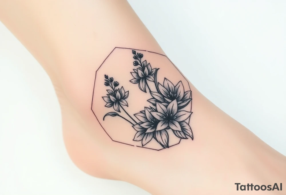 Hexagon Leo larkspurs and water lilies tattoo idea