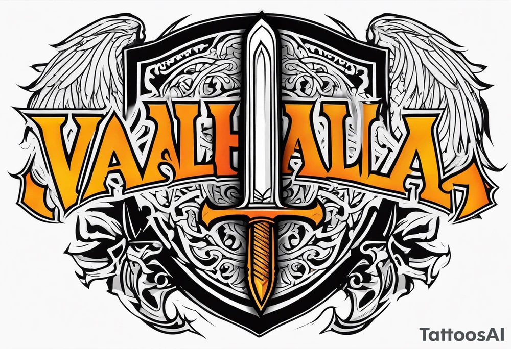 Valhalla on fire shield sword tattoo idea