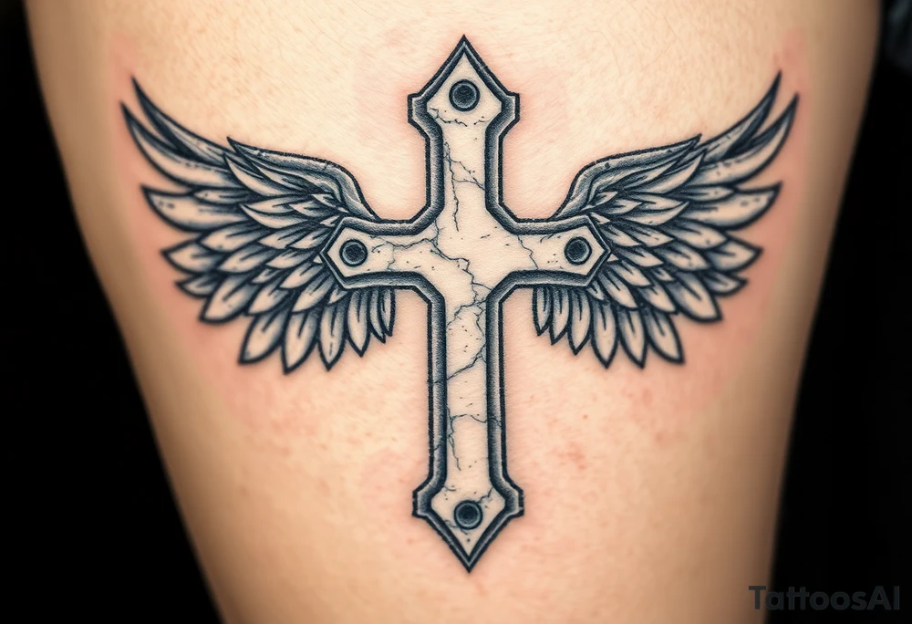 A metal cross with scratches and dents, with warrior-like armored wings in steel gray tattoo idea