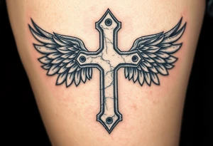 A metal cross with scratches and dents, with warrior-like armored wings in steel gray tattoo idea