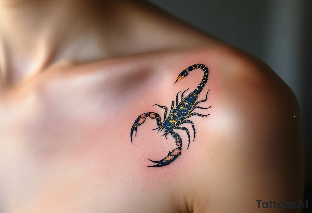 The celestial scorpion creeps across the night in streaks of golden scorpio star constellation lit by Antares’ burning red flame tattoo idea