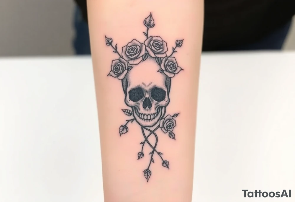 gothic skull intertwined with climbing roses and thorny vines tattoo idea