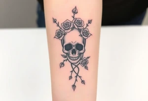 gothic skull intertwined with climbing roses and thorny vines tattoo idea