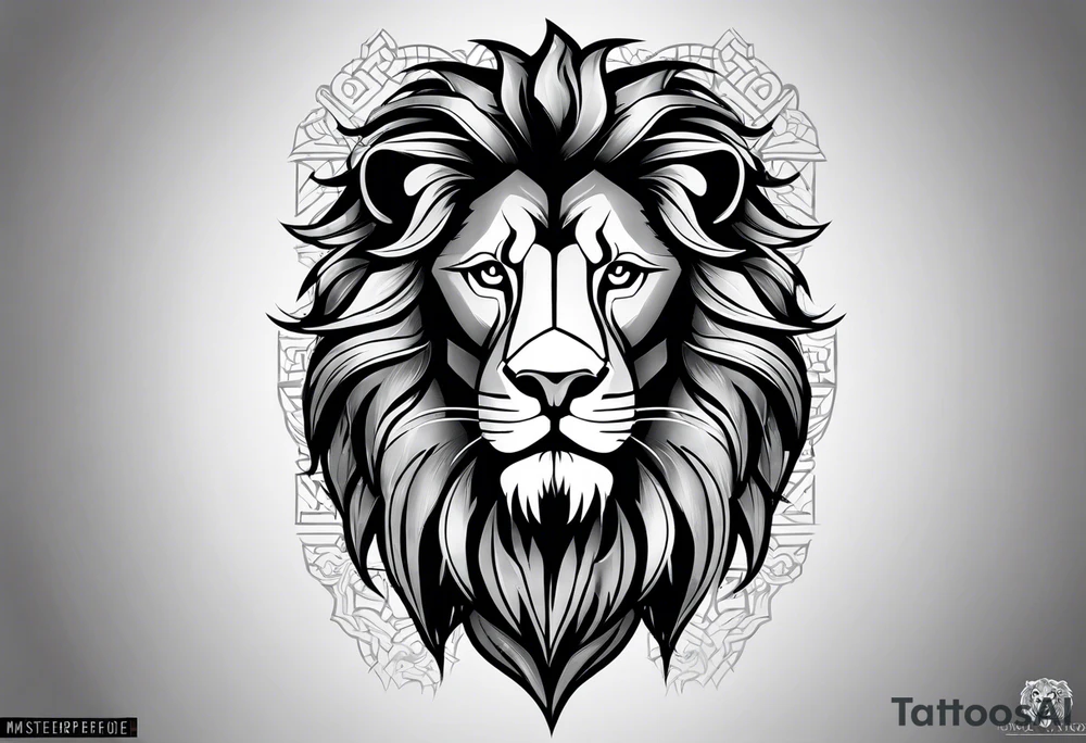 A full tattoo sleeve designed with a strong, masculine aesthetic, featuring a powerful lion as the centerpiece. The lion, symbolizing strength, courage, and leadership, is depicted with intricate detail and dynamic shading, capturing its fierce expression and majestic mane. Surrounding the lion, incorporate geometric patterns that add structure and contrast to the design. These patterns are bold and angular, creating a sense of order and symmetry that complements the natural form of the lion. The geometric elements are woven around the lion, emphasizing its central position while providing a modern, edgy backdrop. The shading throughout the sleeve is deep and dramatic, enhancing the contrast between the organic features of the lion and the precise lines of the geometric patterns. The overall design is bold, intense, and visually striking, combining the raw power of the lion with the clean, ordered aesthetic of geometric patterns for a cohesive and masculine tattoo sleeve. tattoo idea