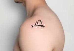 Word "phuong" written vertical with sun inner arm tattoo idea