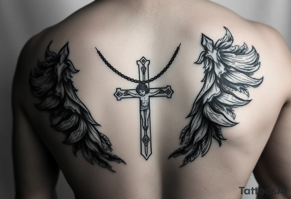 Um anjo segurando uma cruz e um colar crucifixo realismo preto e cinza tattoo idea