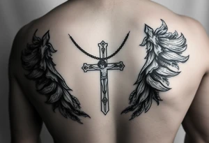 Um anjo segurando uma cruz e um colar crucifixo realismo preto e cinza tattoo idea