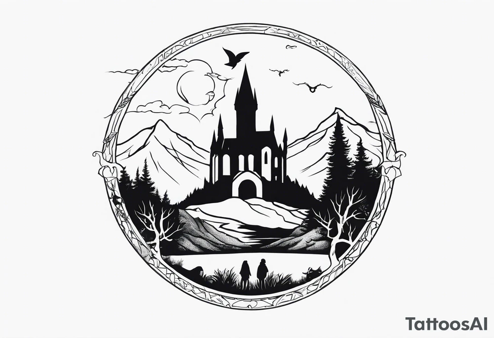 Lord of the rings main with Harry Potter mashup but clear independent visual symbolism of both movies. Small and minimal. tattoo idea