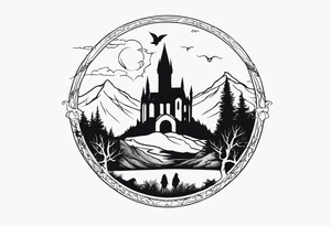 Lord of the rings main with Harry Potter mashup but clear independent visual symbolism of both movies. Small and minimal. tattoo idea