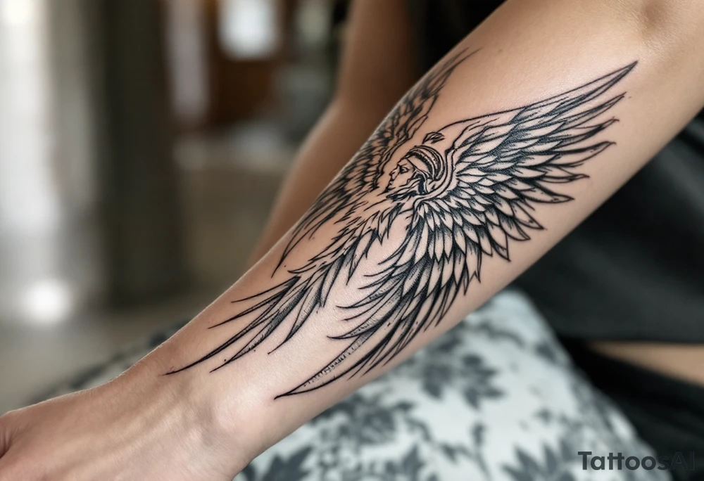 forearm tattoo of a spartan warrior with angel wings tattoo idea