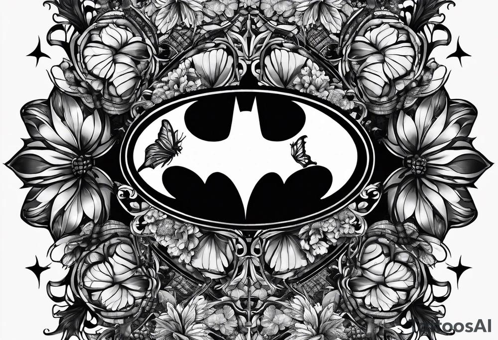 Batman symbol with butterflies dragonballs all around it for a forearm tattoo tattoo idea