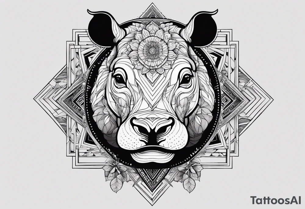 Very asymmetrical, +geometric pattern, with realistic full moon, with handsome hippo, +zen feel, + Buddhism touch, +tribal, +geometric, +inkart 
with wintersweet flower bud, +portrait orientation, +inkart touch, tattoo idea