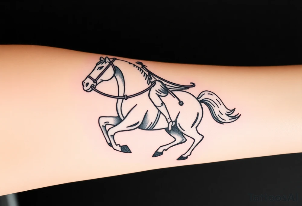 Generate an image of conquest on a white horse. Use this passage from Revelations: "And I saw, and behold a white horse: and he that sat on him had a bow; and a crown was given unto him: and he went forth conquering, and to conquer". Include the rider on a white horse wearing a crown and carrying a bow. Make the tattoo photo realistic tattoo idea