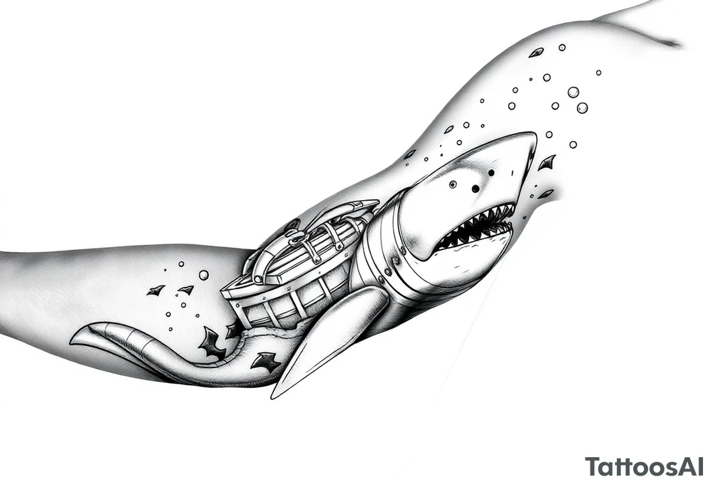 Underwater sinking ship treasure chest shark tattoo idea