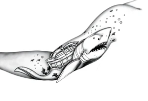 Underwater sinking ship treasure chest shark tattoo idea