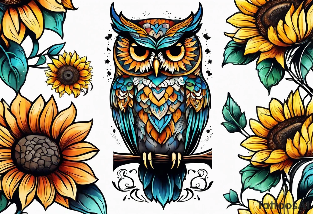 Leg sleeve with colorful sunflowers and an owl tattoo idea