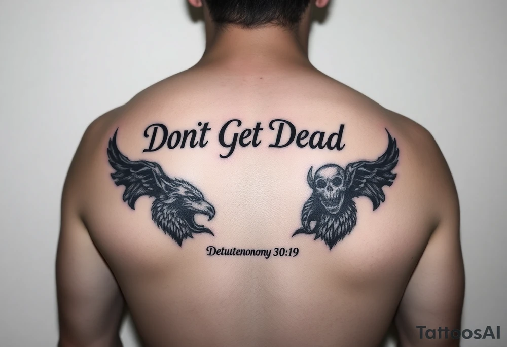 I want a cool design that includes the words “Don’t Get Dead” and includes the scripture reference Deuteronomy 30:19. Also I want something representing each of the 4 members of my family. I want it to go on my forearm tattoo idea