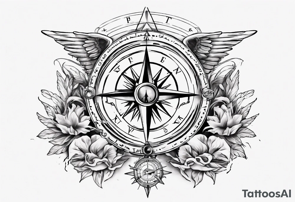Chest tatoo with sun and letters and compass and angels tattoo idea