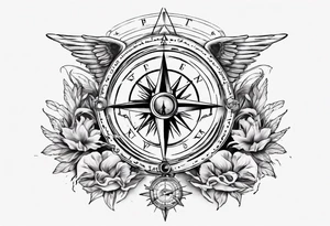 Chest tatoo with sun and letters and compass and angels tattoo idea
