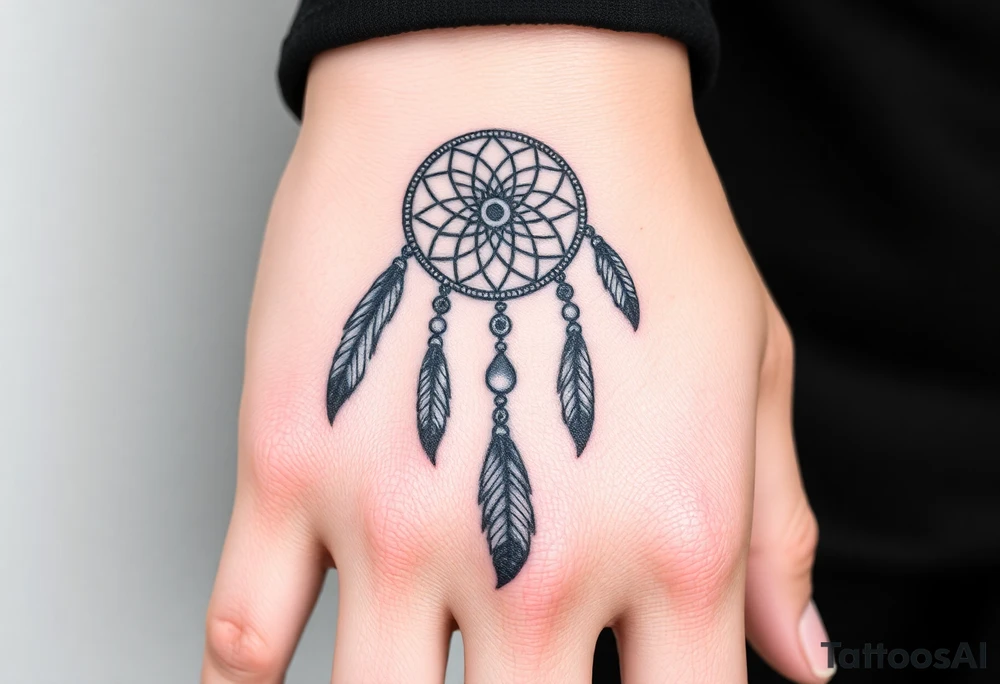 native dreamcatcher with flowing feathers and sacred beads tattoo idea