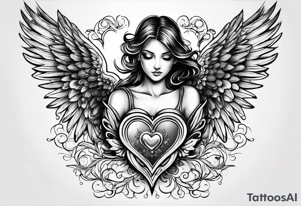 small angel with wings and heart on hands tattoo idea