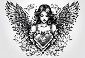 small angel with wings and heart on hands tattoo idea