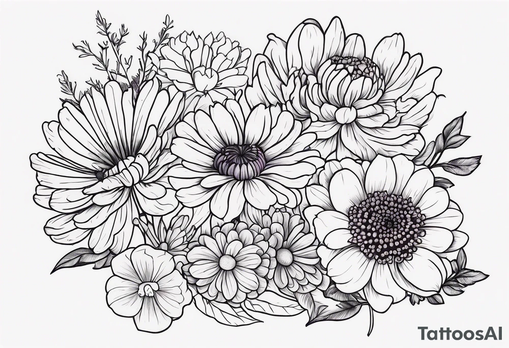 Violet, chrysanthemum, marigold, aster, poppy tattoo idea Violet, chrysanthemum, marigold, aster, poppy tattoo idea