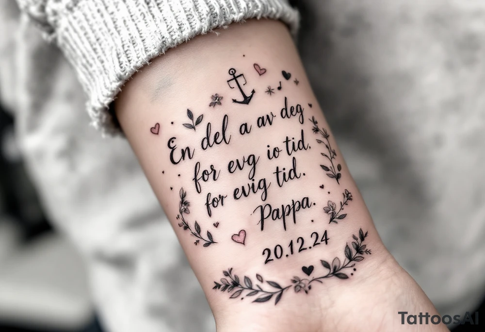 Quote: "En del av deg for evig tid. 
Pappa 20.12.24"
Surround the quote with delicate long blossom gladious, music notes, hearts and an anchor tattoo idea