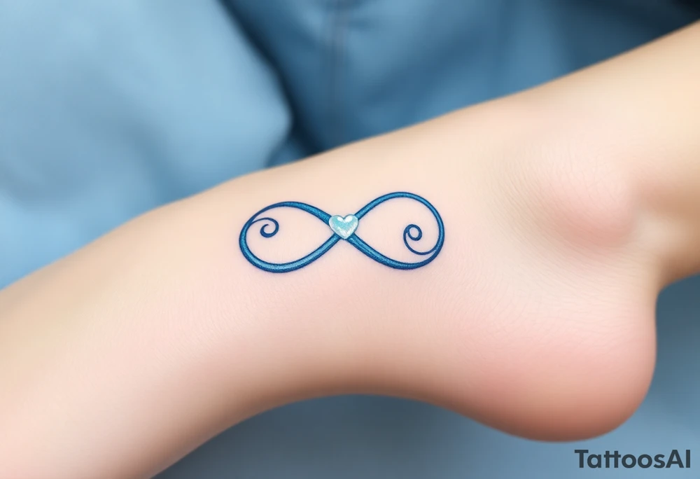A blue infinity symbol made of delicate waves, with a small heart-shaped pearl tattoo idea