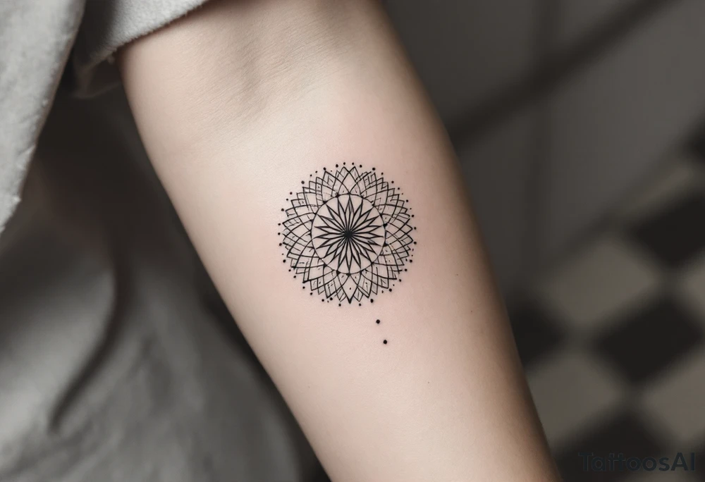 simple, minimalist tattoo, sacred geometry mandala, centerpiece design, dotwork patterns, radiating geometry, symmetrical mandala, geometric shapes, intricate dotwork, sacred patterns, mandala center, geometric radiating, fine line work, black grey shading, minimalist design, no outlines, arm placement, delicate linework, precise geometry, clean symmetry, sacred symbols, geometric precision, dotwork details, mandala focal point, refined patterns, understated complexity, geometric harmony, minimalist tattoo idea