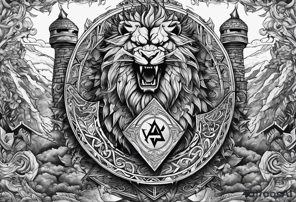 Valhalla sword shield  axe  dragon lion
Valknut  ruins tattoo idea