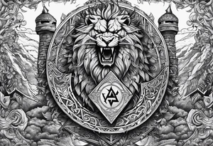Valhalla sword shield  axe  dragon lion
Valknut  ruins tattoo idea