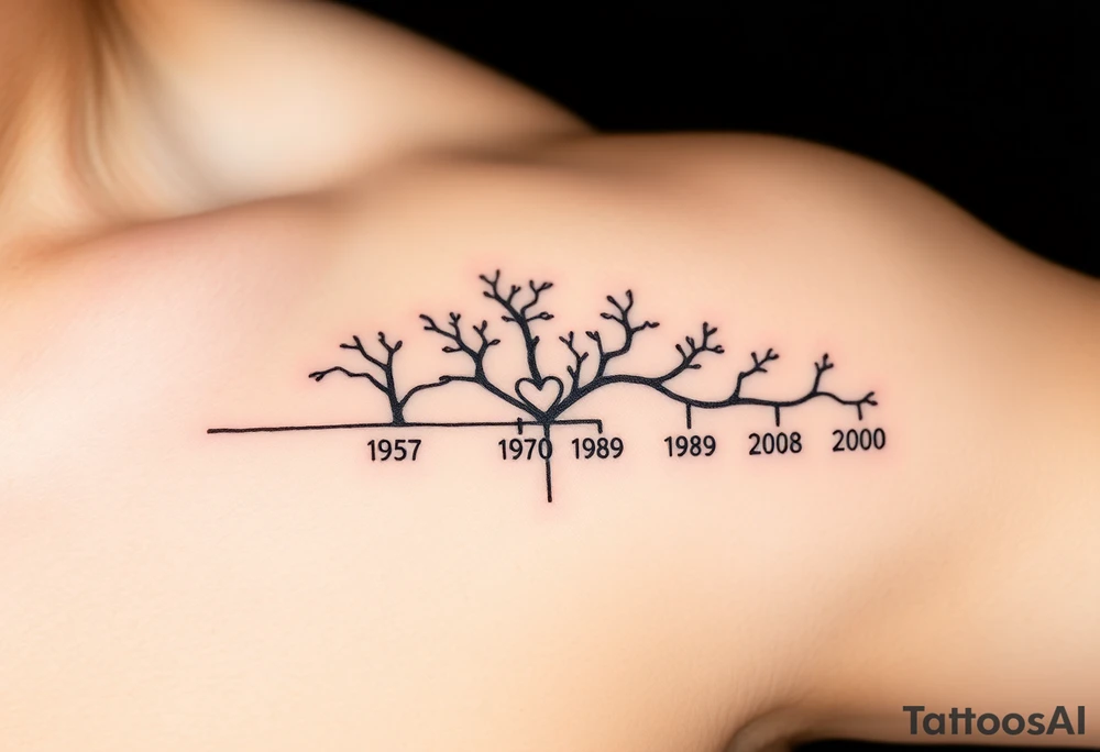 Make a family tree timeline 
With 1 parent year of birth 1957 with a small heart next to it and under it add the  4 kids years of birth 1980, 1989, 1998, 2000 tattoo idea