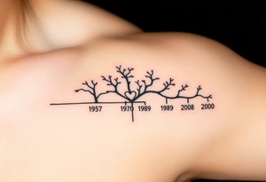 Make a family tree timeline 
With 1 parent year of birth 1957 with a small heart next to it and under it add the  4 kids years of birth 1980, 1989, 1998, 2000 tattoo idea