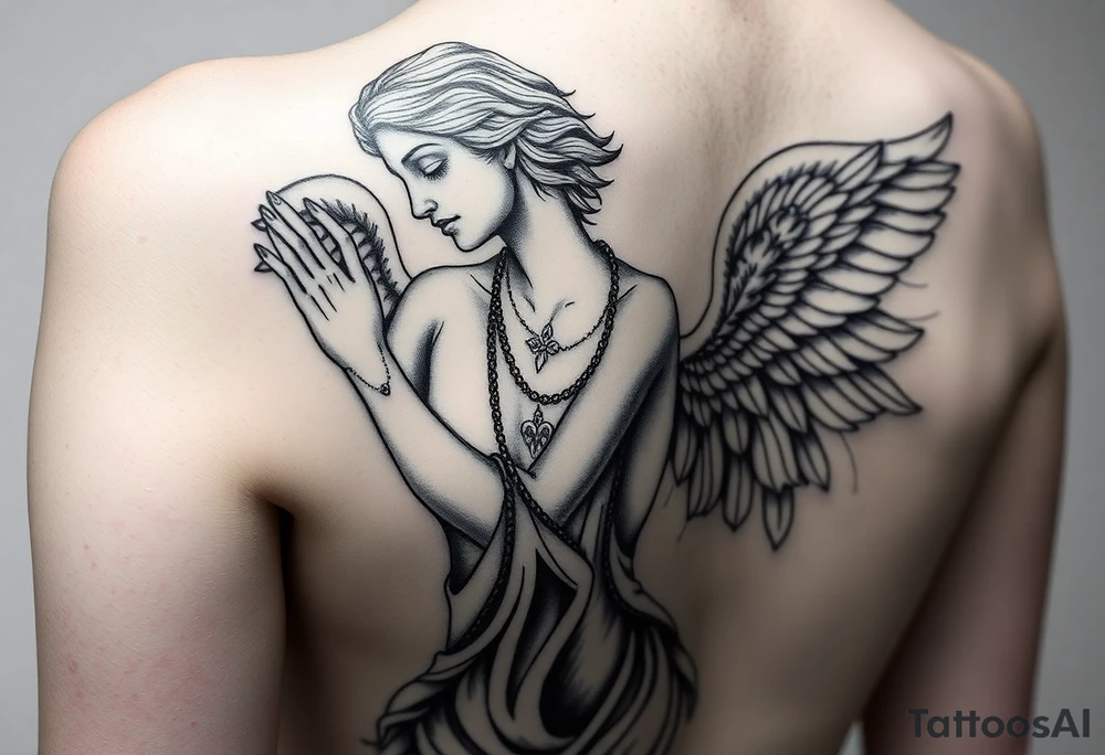 Create a statue of some angel, ruined with criminal corruption, tattoos, jewelry, gold necklaces. I would like this to be placed on the left arm. tattoo idea