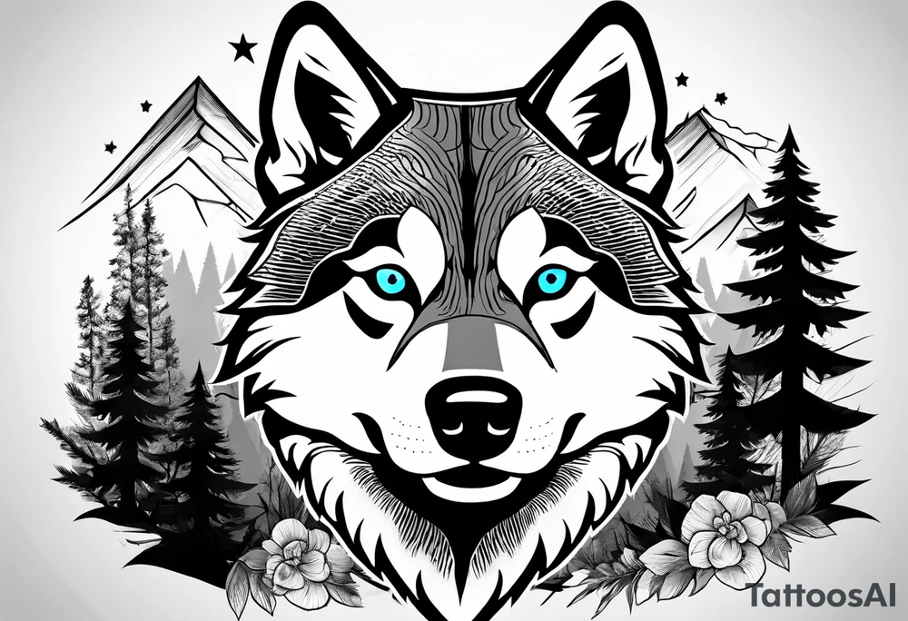 husky with compas and trees tattoo idea